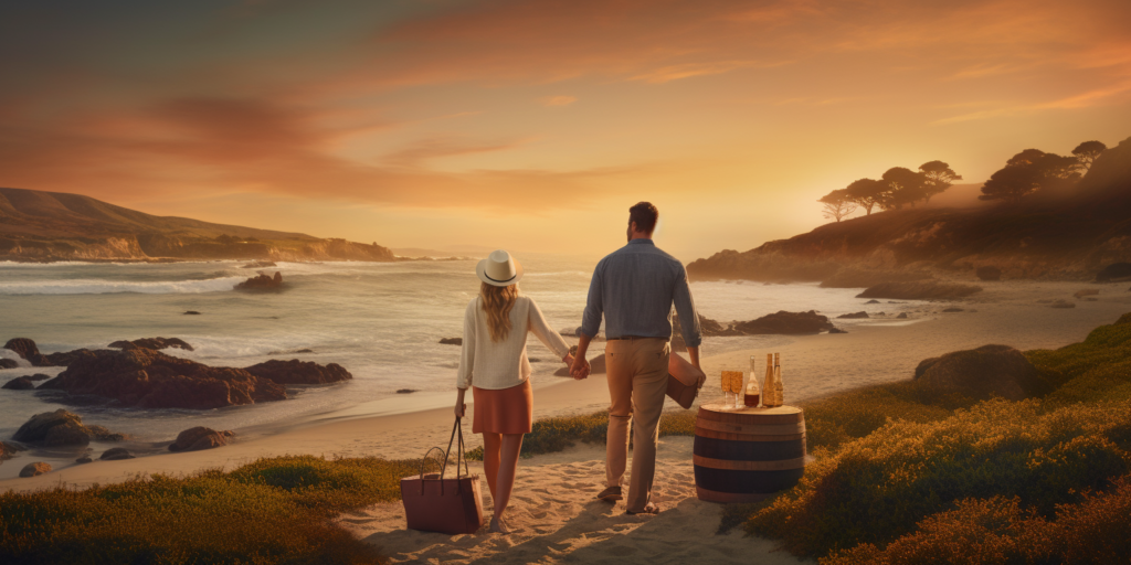 image depicting a couple strolling on Carmel Beach at sunset