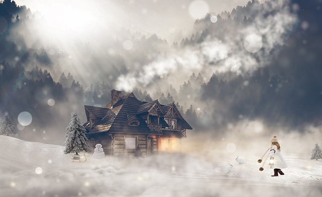  the magic of a winter wonderland with a whimsical escape room image: A cozy cabin nestled in a snowy forest, adorned with twinkling lights, crackling fireplace, and a hidden puzzle waiting to be solved