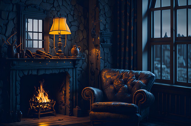 An image of a cozy fireplace, surrounded by vintage armchairs and shelves bursting with well-loved, classic winter storybooks