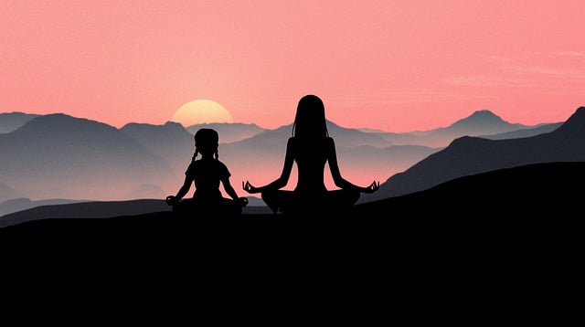 An image showcasing a serene winter landscape with a diverse family engaging in yoga and meditation