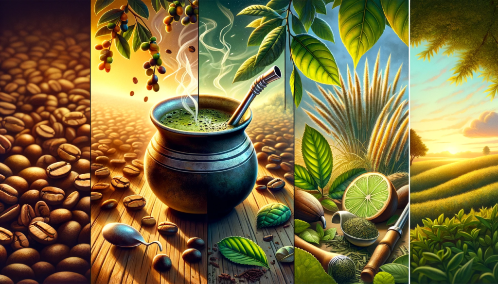 A collage showcasing three distinct sections, each representing a different beverage. On the left, a vibrant scene with a steaming cup of coffee, coffee beans, and a coffee plant in the background. The middle section depicts yerba mate, showing a traditional mate cup with a bombilla (metal straw), surrounded by yerba mate leaves and a branch of the Ilex paraguariensis plant. On the right, a serene setting with a cup of green tea, tea leaves, and a peaceful green tea garden in the background. The overall image should capture the essence of each beverage, highlighting their unique characteristics and cultural significance, with a harmonious transition between each section, suitable for a blog post header in widescreen format.
