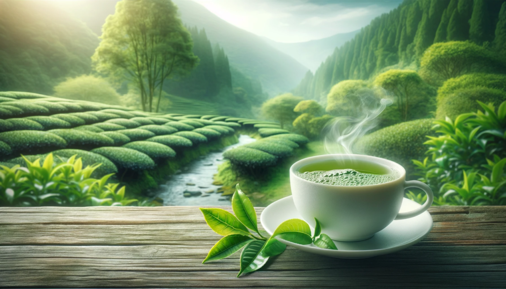 Steaming tea cup on wooden table with lush green landscape.