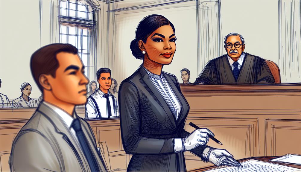 Illustration of a courtroom scene with lawyers and judge.