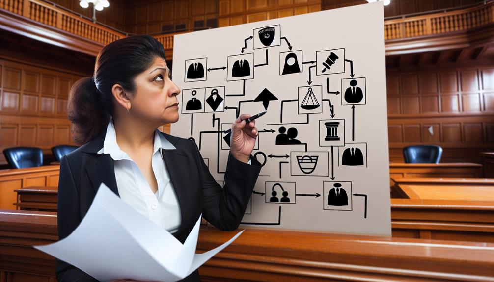 Woman with flowchart in courtroom setting.